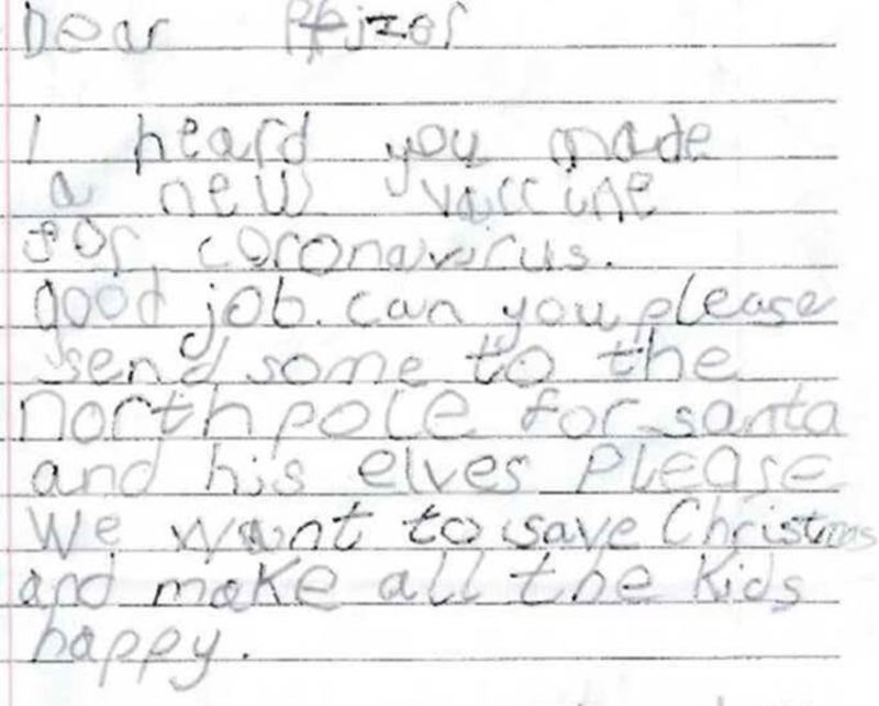 Ένα 6χρονο αγοράκι γράφει γράμμα στη Pfizer για να ζητήσει εμβόλιο για τον Άγιο Βασίλη