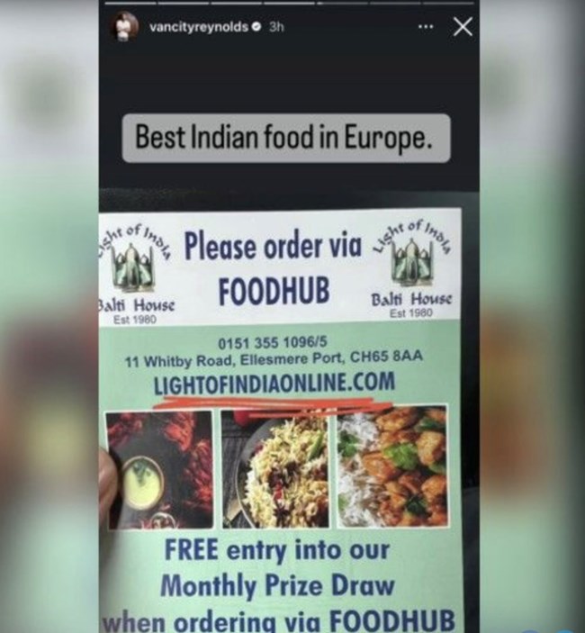 Ο Ράιαν Ρέινολντς ανέβασε στόρυ για  ένα μικρό ινδικό εστιατόριο στη Βρετανία οι πωλήσεις του οποίου απογειώθηκαν εν μία νυκτί