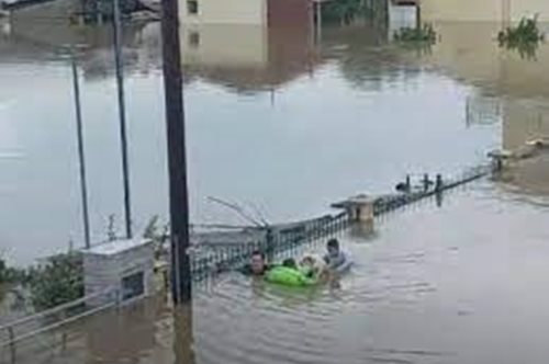 Κακοκαιρία Daniel: Η συγκλονιστική στιγμή που πατέρας σώζει τα παιδιά και το σκυλάκι τους με φουσκωτό στρώμα θαλάσσης