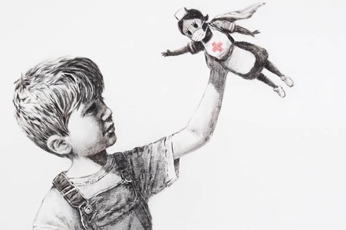 Συγκίνηση προκαλεί το νέο έργο του Banksy- Ένα παιδί επιλέγει για σούπερ ήρωα μια νοσηλεύτρια