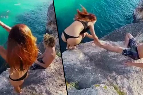 Η σοκαριστική αντίδραση ενός άνδρα όταν η κοπέλα του πέφτει από βράχο