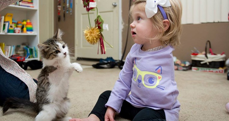 Ένα κοριτσάκι με ακρωτηριασμένο χέρι υιοθετεί γατάκι με τρία πόδια