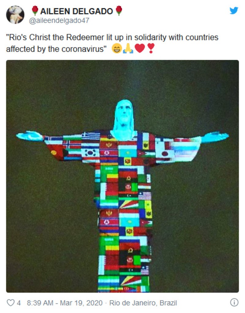 To άγαλμα του Χριστού στο Ρίο φωτίστηκε με τις σημαίες των χωρών που έχουν κρούσματα κορονοϊού